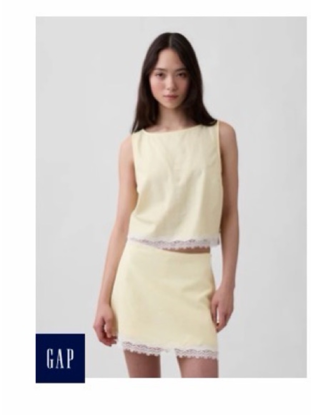 GAP Pale Yellow Lace-Trim Crop Top - M Gap Linen Blend Lace Hem Crop Shell Top